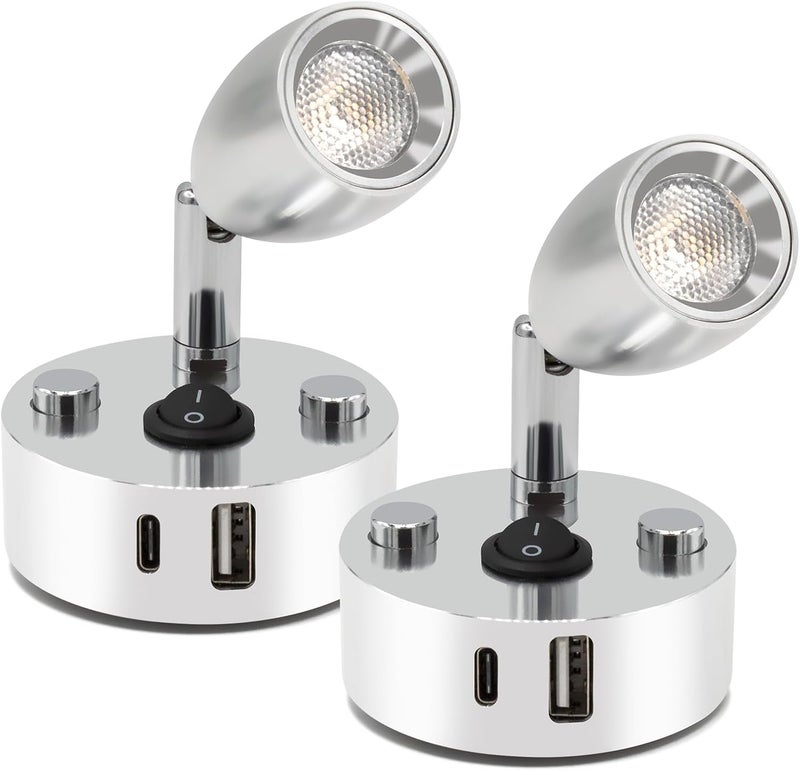 WTNYOU 2-PCS RV Reading Lights 12V Interior with USB-A & USB-C Charging Ports, Rotatable Camper LED Light Fixture, RV Bedside Light for Motorhome, Camper, Travel Traile, Boat and Van - Image 1